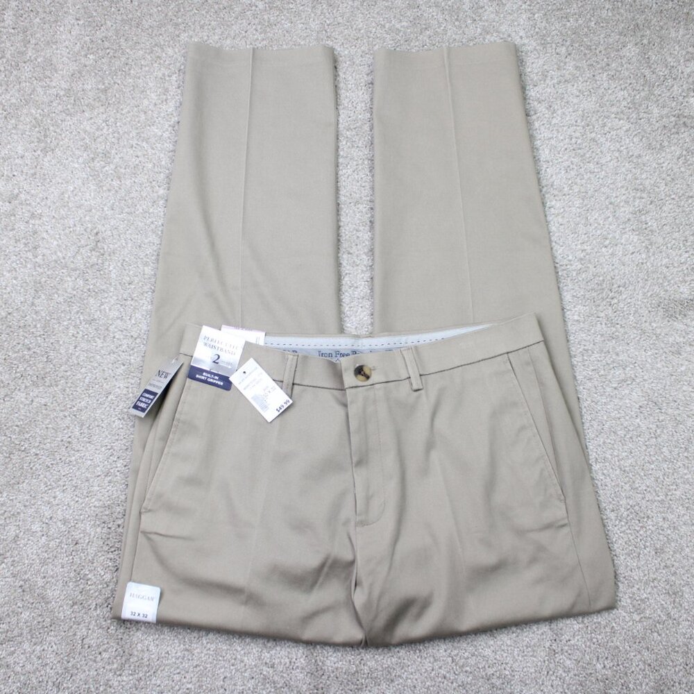 Haggar Pants NWT Mens 32x32 Beige Iron Free Premium Khaki Straight Fit Stretch